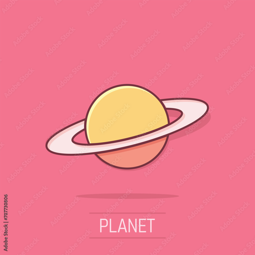 Saturn icon in comic style. Planet vector cartoon illustration on white isolated background. Galaxy space business concept splash effect. Saturn icon in comic style. Planet vector cartoon illustration on white isolated background. Galaxy space business concept splash effect.