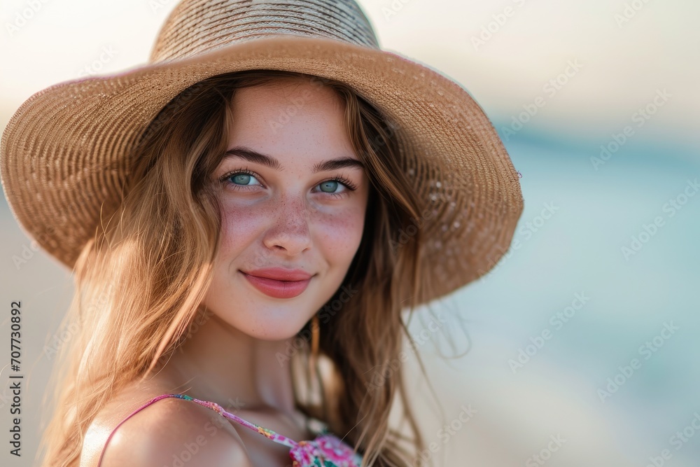 Studio portrait of a young European woman with a playful summer look, wearing a sun hat and sundress, isolated on a beach background
