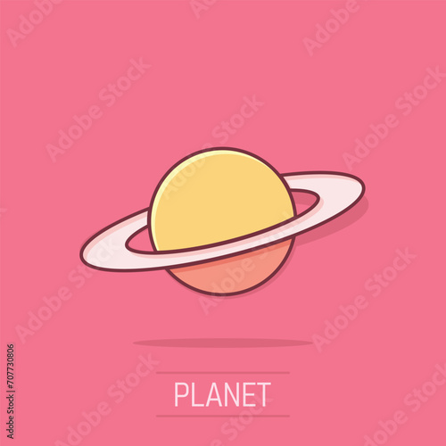 Saturn icon in comic style. Planet vector cartoon illustration on white isolated background. Galaxy space business concept splash effect.