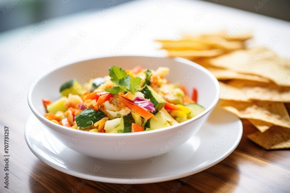 freshly chopped vegetables with crispy pita on a white bowl freshly chopped vegetables with crispy pita on a white bowl