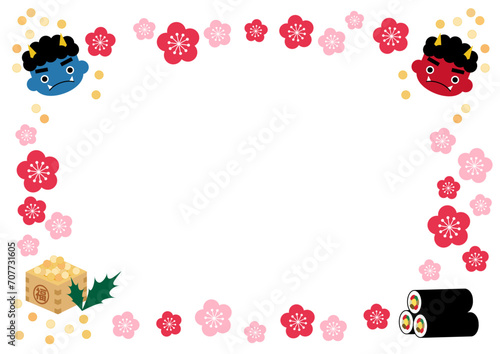 鬼とおたふくと豆まきと柊と恵方巻きの節分梅の花フレーム9