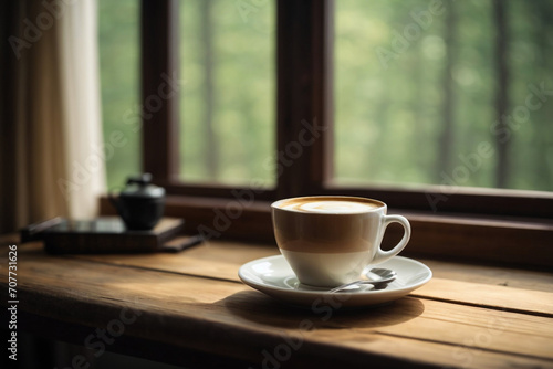 A white mug of hot coffee on wooden table in the morning
