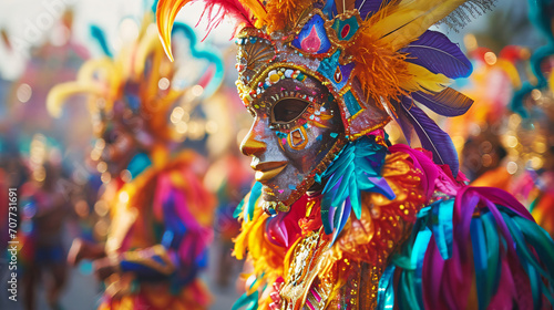 A colorful carnival parade with elaborate costumes and floats.