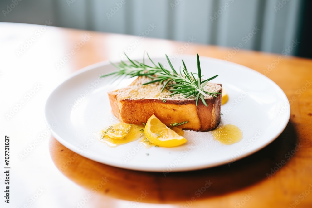 individual french toast portion with a sprig of rosemary