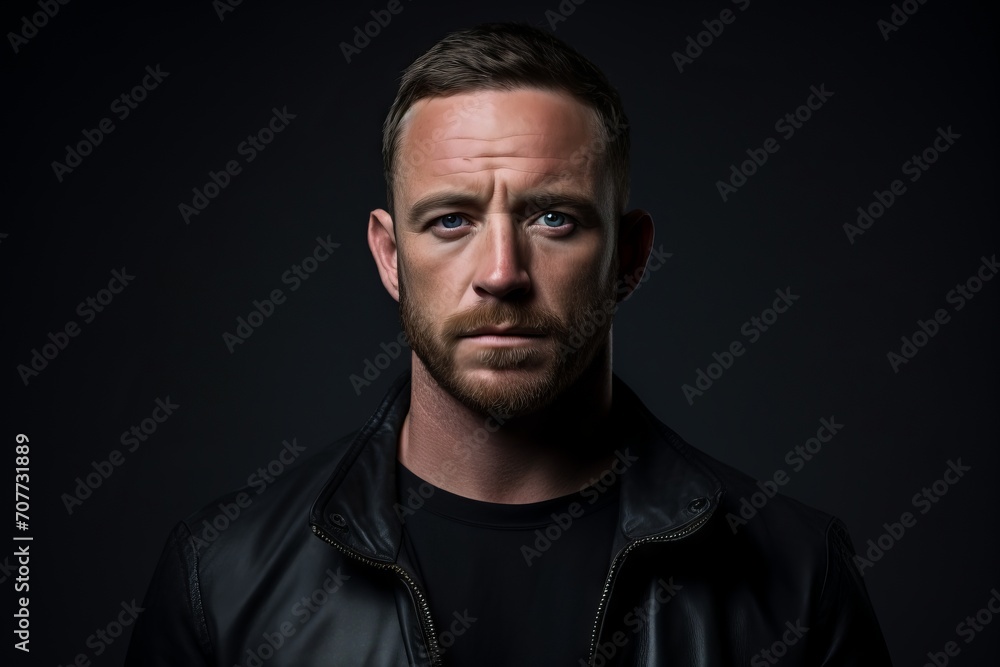 Portrait of a handsome man in a leather jacket on a dark background.