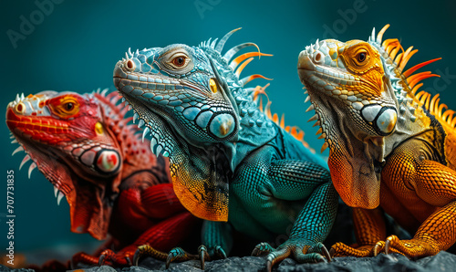 Vividly Colored Iguanas in Red  Blue  and Orange Hues Lined Up  Symbolizing Diversity  Uniqueness  and Wildlife Beauty Against a Teal Background