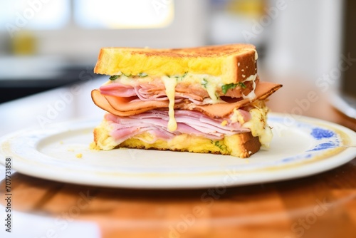 french toast sandwich with ham and cheese in the middle