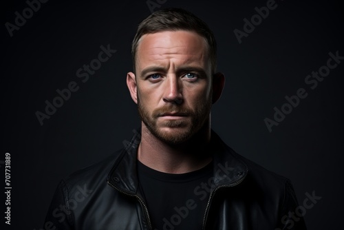 Portrait of a handsome man in a leather jacket on a dark background.