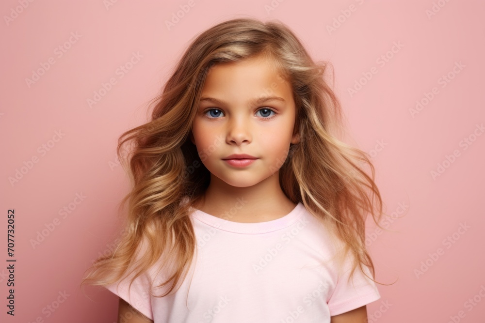 Portrait of a beautiful little girl with long blond hair on a pink background Portrait of a beautiful little girl with long blond hair on a pink background