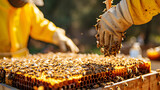 A beekeeping farm with hives beekeepers in protective gear and honey extraction process.