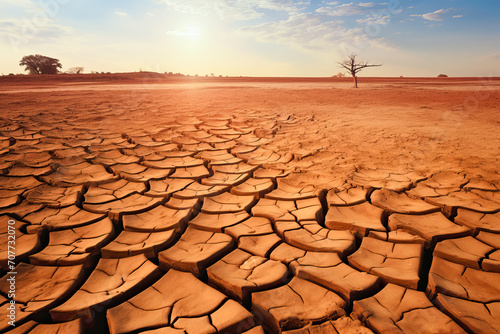 A dried, dead tree with cracked brown soil surrounding it, fragmented due to severe drought. This image is used for articles discussing drought, water scarcity, climate change.