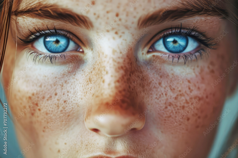 Macro Portrait of a beautiful blue-eyed girl with freckles, eyes close-up Macro Portrait of a beautiful blue-eyed girl with freckles, eyes close-up