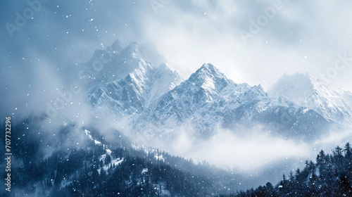 A blizzard covering a mountain range with heavy snowfall strong winds and obscured peaks.