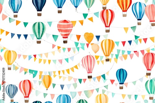 Watercolor air balloon. Hand drawn vintage air balloons with flags garlands