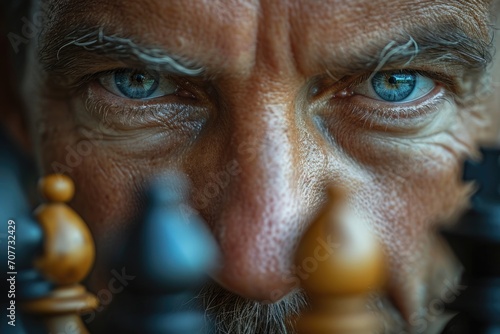 A close-up view captures the concentrated gaze of a man contemplating his next move on a chessboard, highlighting strategy and determination.