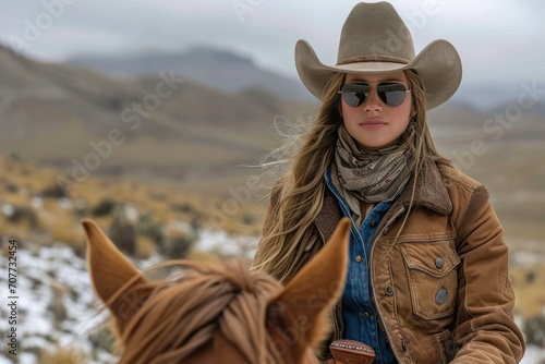 A stylish woman adorned with a wide-brimmed hat and sunglasses rides a majestic white horse in the golden light of a desert sunset. © photolas