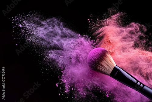 A makeup brush with pink, purple, blue, and yellow powder clouds on a black background.