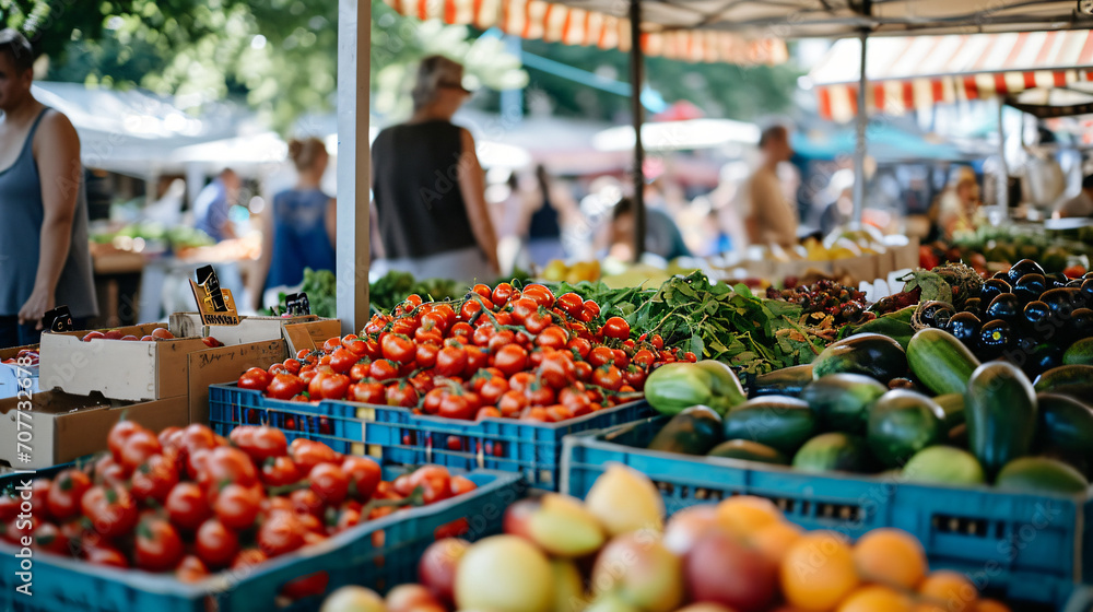 A bustling farmers market with fresh produce and vibrant colors.
