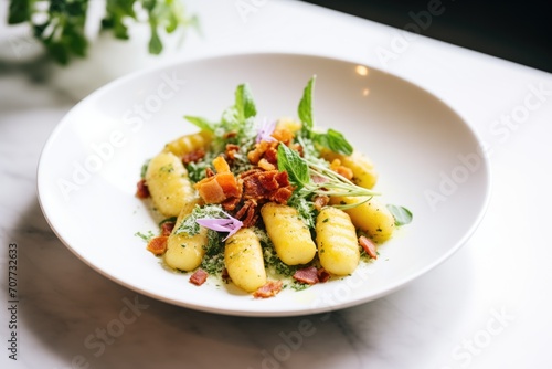 gnocchi with crispy bacon bits and herbs