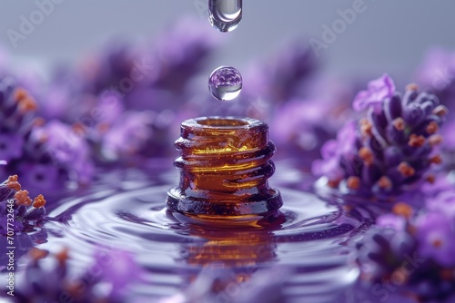 A close-up shot captures a drop of amber-colored essential oil about to fall from a dropper against a backdrop of soft purple lavender flowers. photo