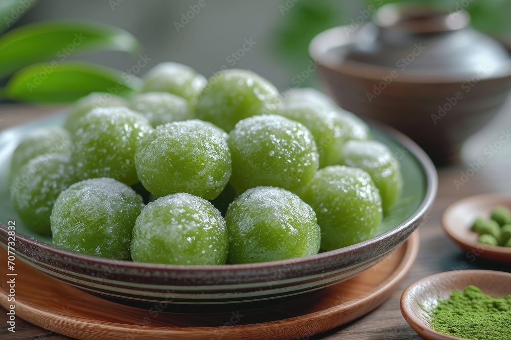 A close-up image showcasing a plate of dusted matcha mochi, highlighting the delicate texture and powdered sugar topping with a subtle backdrop of green leaves. A close-up image showcasing a plate of dusted matcha mochi, highlighting the delicate texture and powdered sugar topping with a subtle backdrop of green leaves.