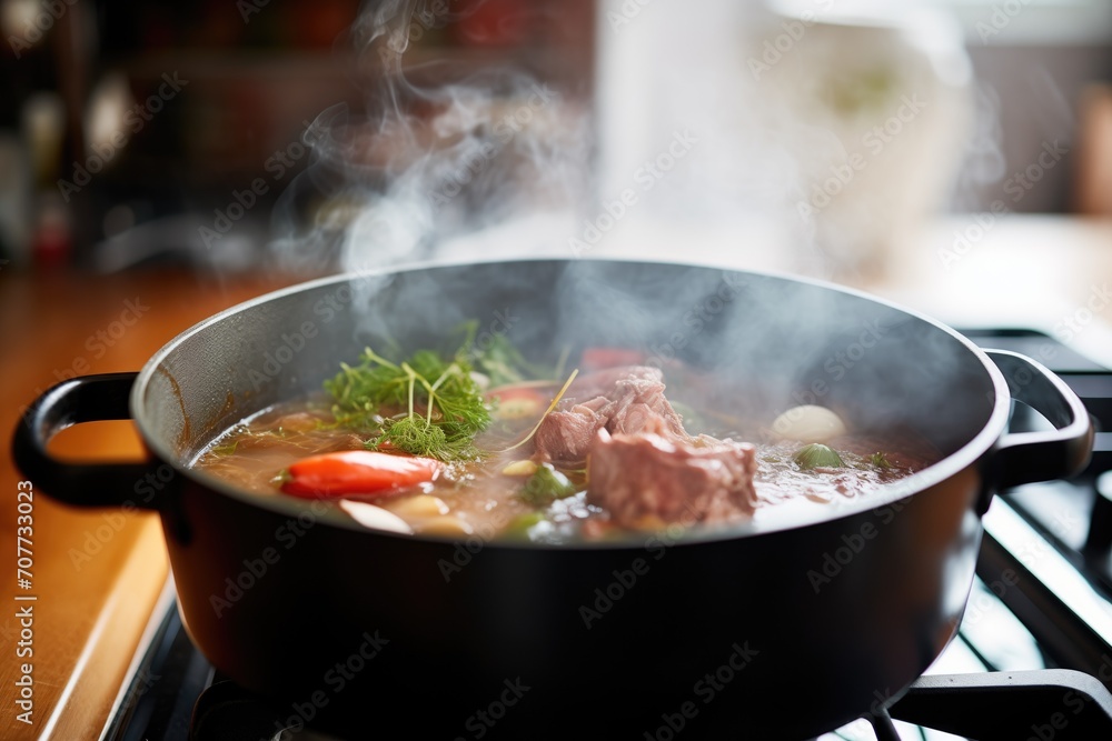 goulash simmering in cast-iron pot, steam visible goulash simmering in cast-iron pot, steam visible