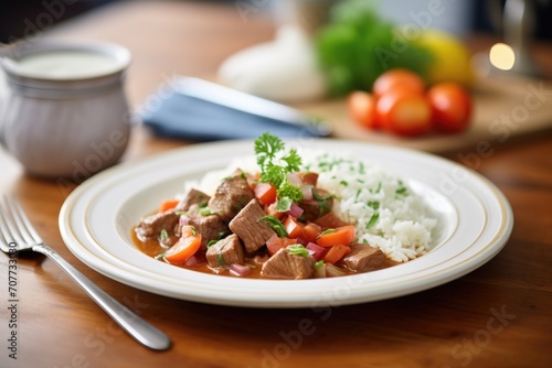 serving of goulash over rice on plate