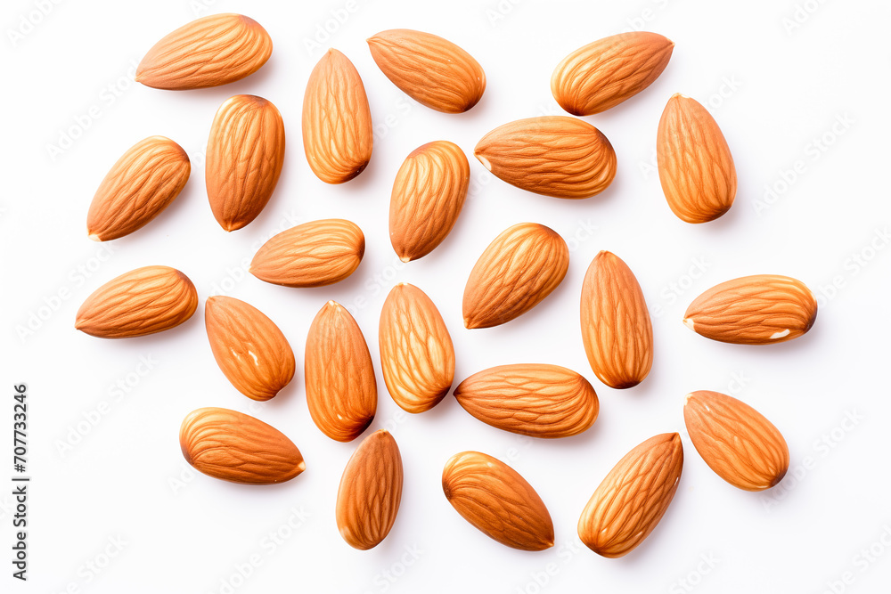 Top view of raw ripe almonds on white background Top view of raw ripe almonds on white background