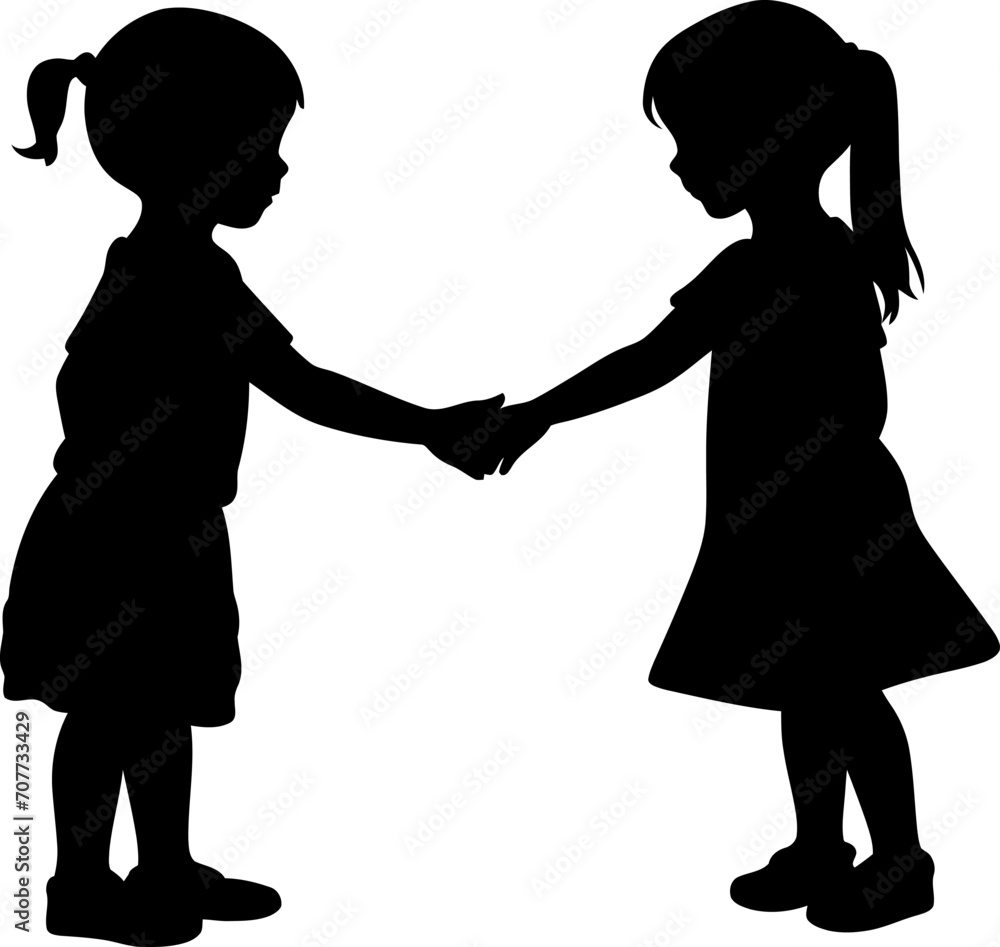 Children take hands each other silhouette in black color. Vector template for laser cutting wall art.