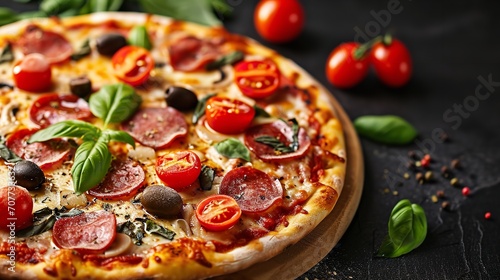 Pizza filled with tomatoes salami and olives. Ai generative