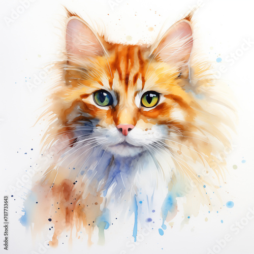 Watercolor drawing of a Maine Coon red cat on white. Watercolor with a picture of a red cat