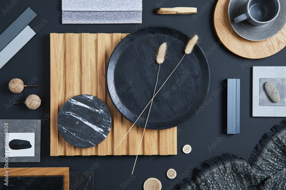 Φωτογραφία Stylish flat lay comosition of creative architect moodboard with black, beige and grey samples of textile, paint, wooden lamella panels and marble tiles