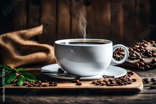 Coffee in white cup on wooden table, with spoon