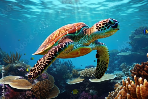 Vibrant Sea Turtle Gliding Through a Coral Paradise in the Depths of the Ocean. Generative AI © Gelpi