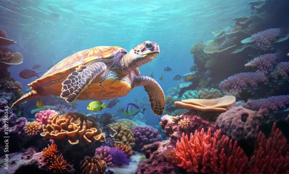 Vibrant Sea Turtle Gliding Through a Coral Paradise in the Depths of the Ocean. Generative AI Vibrant Sea Turtle Gliding Through a Coral Paradise in the Depths of the Ocean. Generative AI
