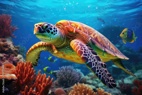 Vibrant Sea Turtle Gliding Through a Coral Paradise in the Depths of the Ocean. Generative AI