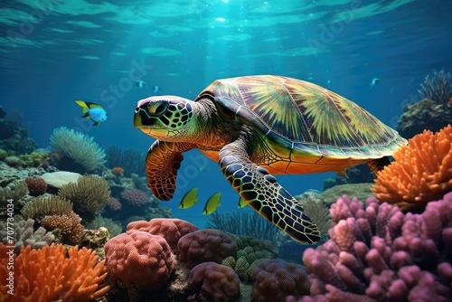 Vibrant Sea Turtle Gliding Through a Coral Paradise in the Depths of the Ocean. Generative AI