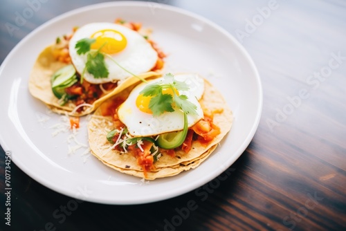 freshly plated huevos rancheros with a golden crispy tortilla edge