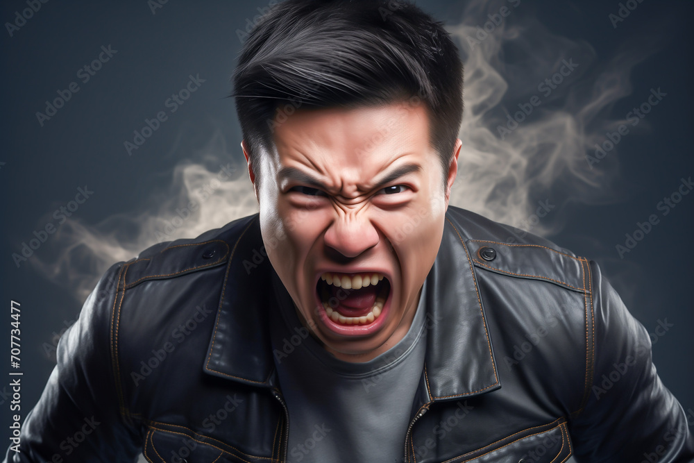 Obraz premium Portrait of angry asian man. Furious middle aged man, closeup.