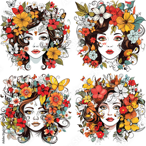 Four faces of women adorned with flowers and butterflies in a colorful vector illustration.