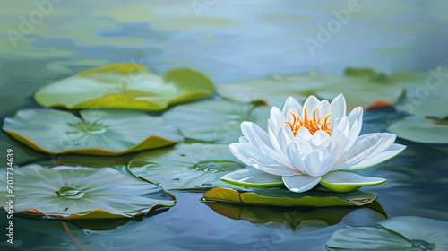 Painting of beautiful white lotus blossoms ingle water
