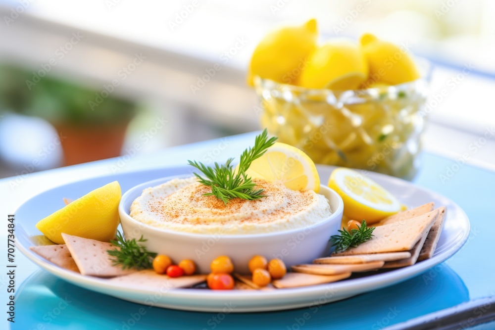 hummus topped with whole chickpeas and a lemon wedge beside