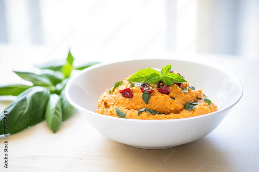 sun-dried tomato hummus with basil leaves on a white dish sun-dried tomato hummus with basil leaves on a white dish