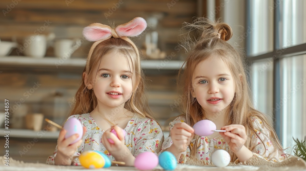 Two beautiful little girl painting Easter eggs. Generative AI. Two beautiful little girl painting Easter eggs. Generative AI.