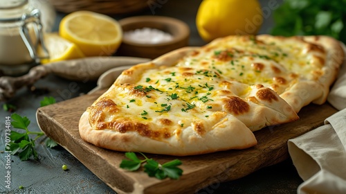 Meletian khachapuri cheese lemon side view copy. Ai generative