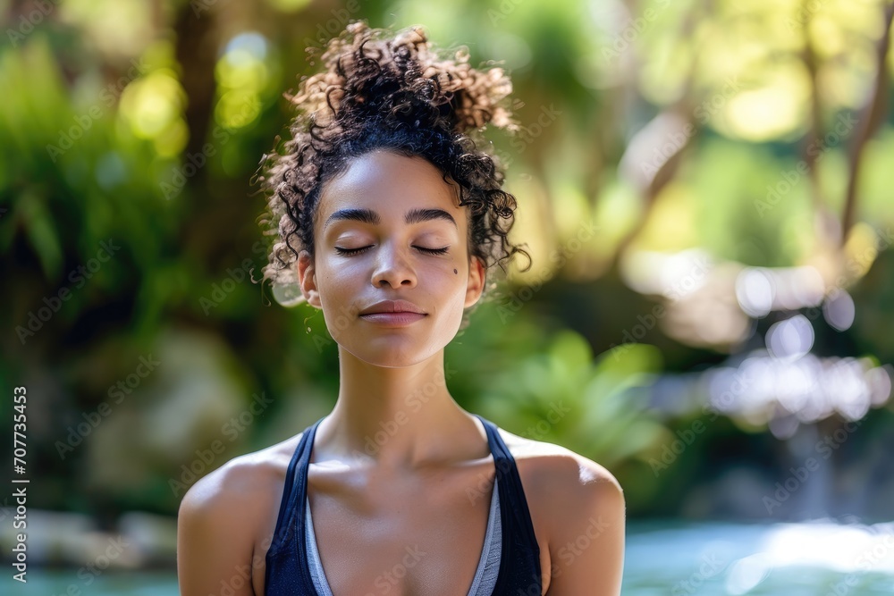 Young American female model as a serene yogi, in a meditative pose, with a tranquil Zen garden background Young American female model as a serene yogi, in a meditative pose, with a tranquil Zen garden background