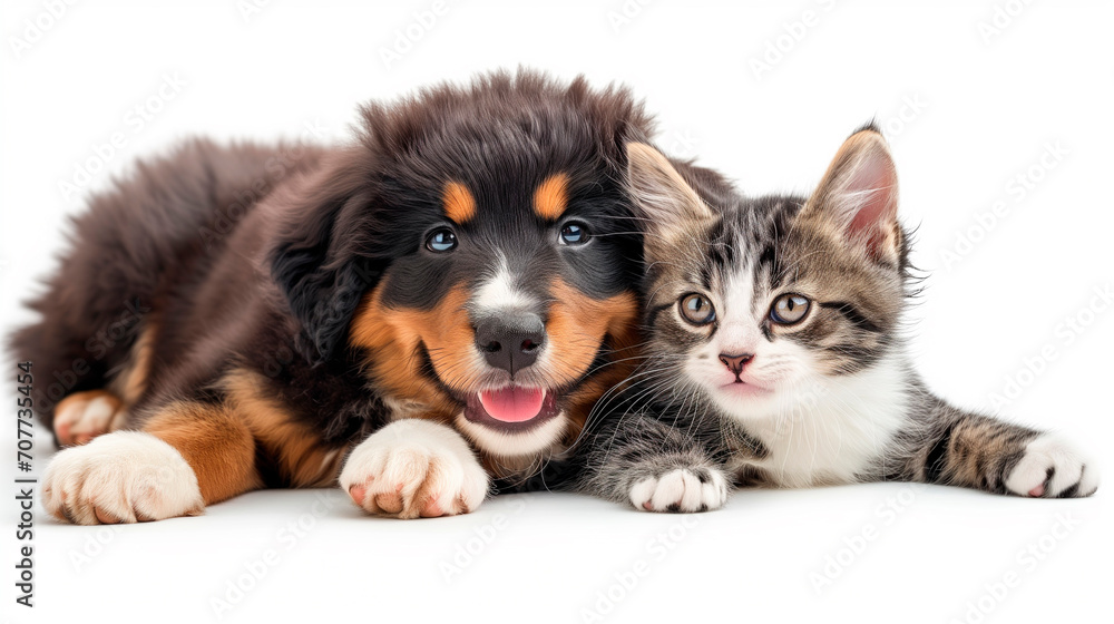  Adorable Bernese Mountain Dog puppy and gray tabby cat on white background.