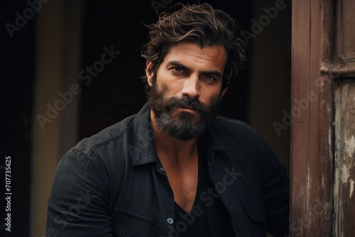 Portrait of a handsome bearded man in a black shirt. Men's beauty, fashion. © Iigo