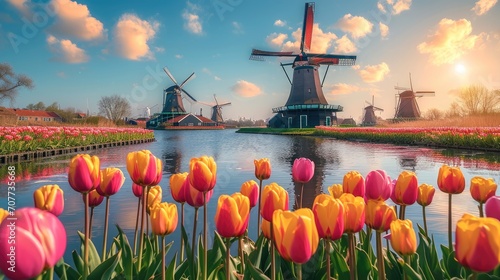 Multi-colored tulips in the foreground, In the background there are windmills. Generative AI. #707735668