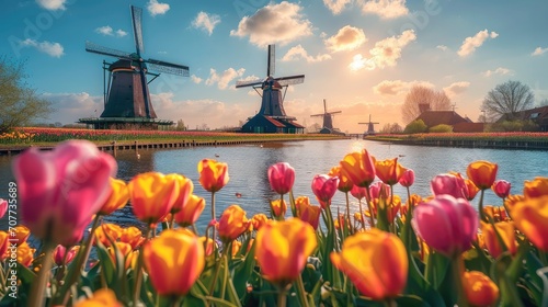 Multi-colored tulips in the foreground, In the background there are windmills. Generative AI. photo